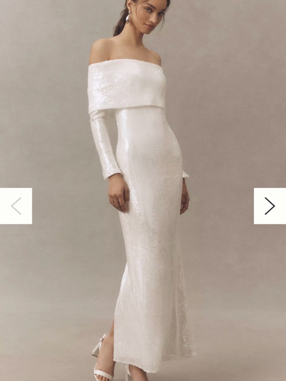 Off-Shoulder White Sequin Long-Sleeve Column Dress